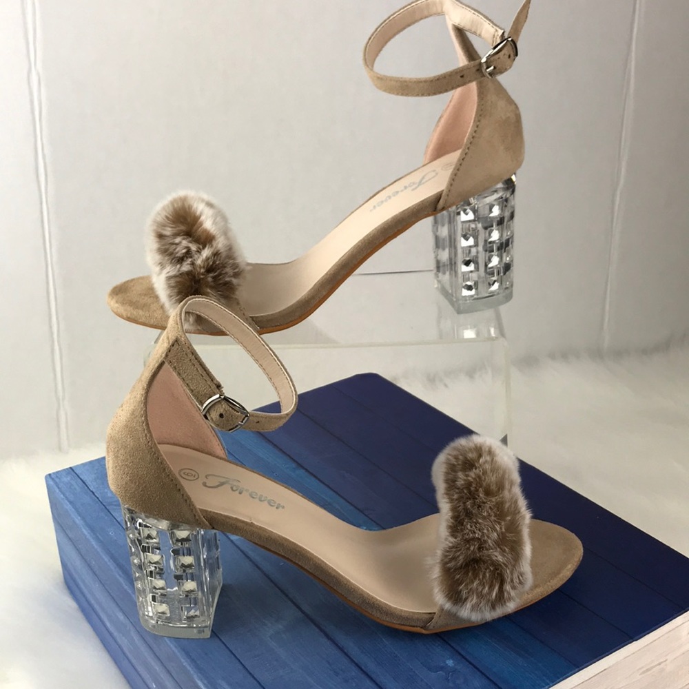 Taupe Clear Chunky Heels Strapped